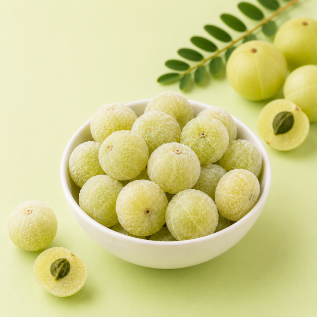 IQF Frozen Amla (Indian Gooseberry) — placeholder artwork, product photography pending