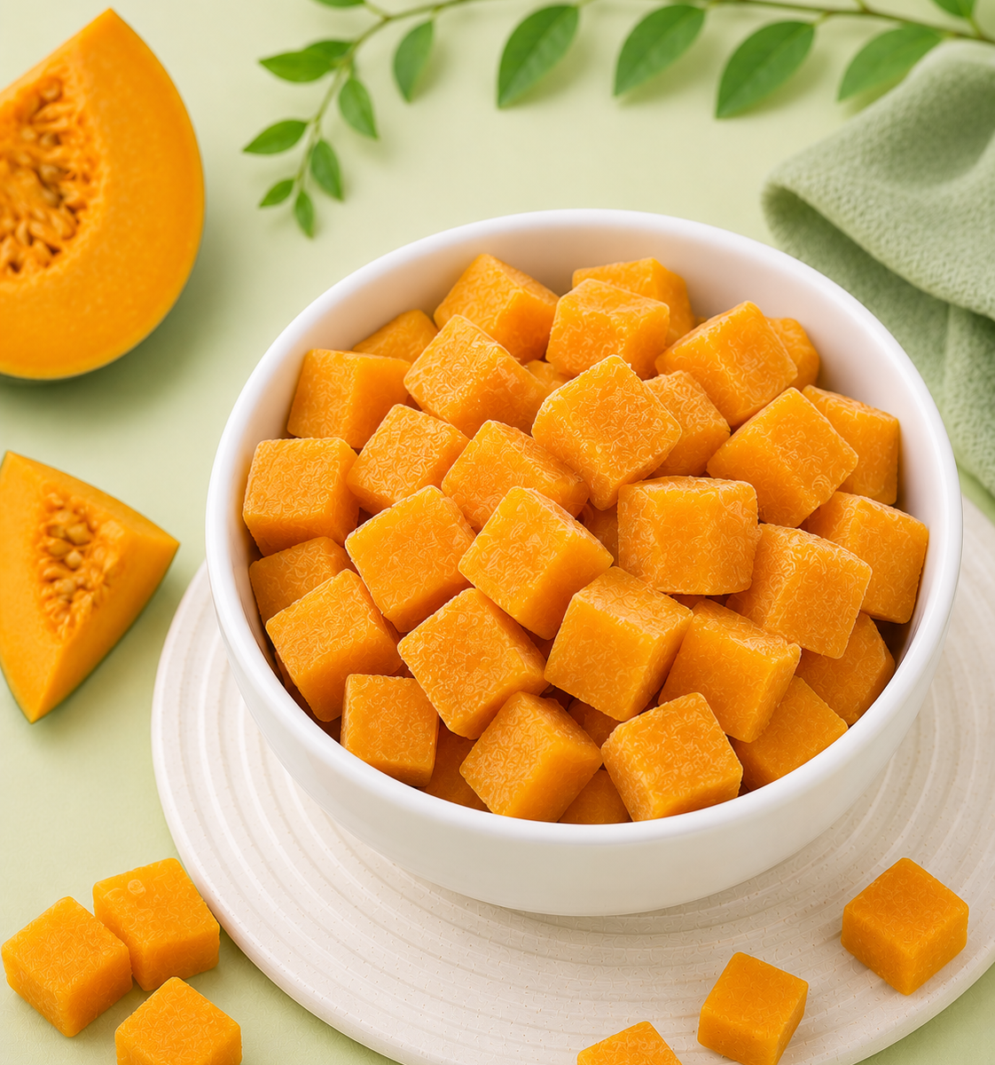 IQF Pumpkin (Kaddu) Cubes — placeholder artwork, product photography pending