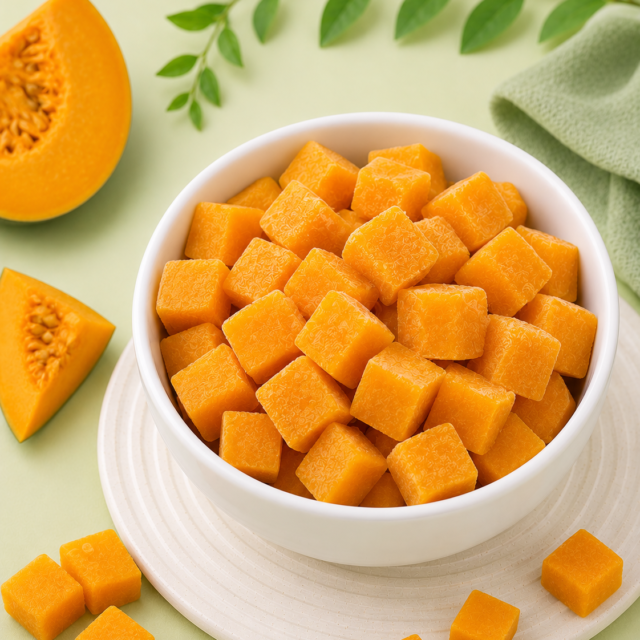 IQF Pumpkin (Kaddu) Cubes — placeholder artwork, product photography pending
