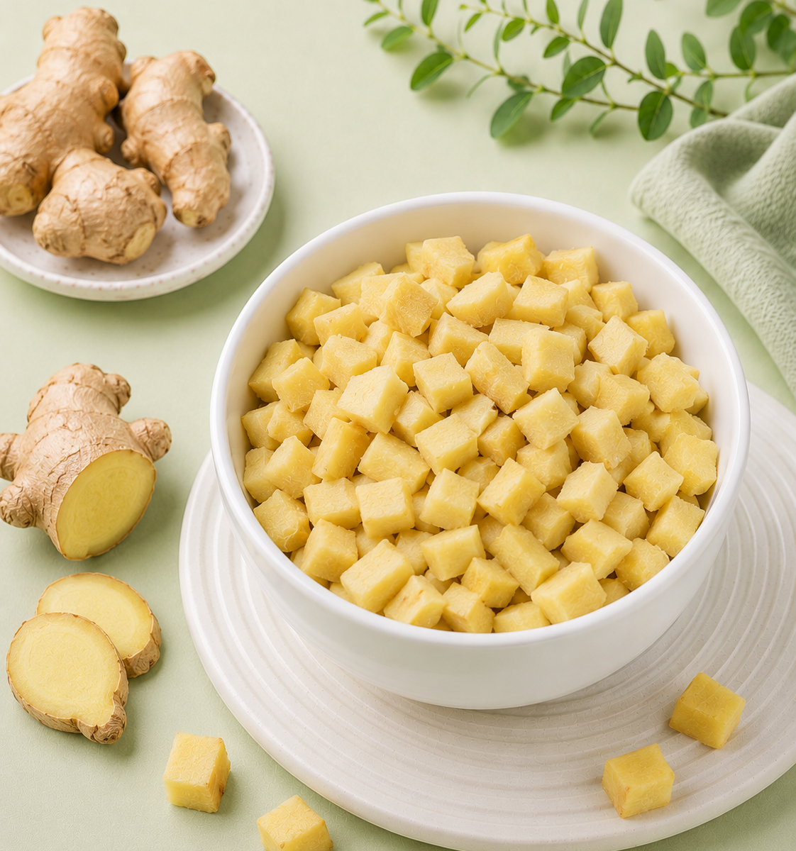 IQF Ginger — Sliced & Diced — placeholder artwork, product photography pending