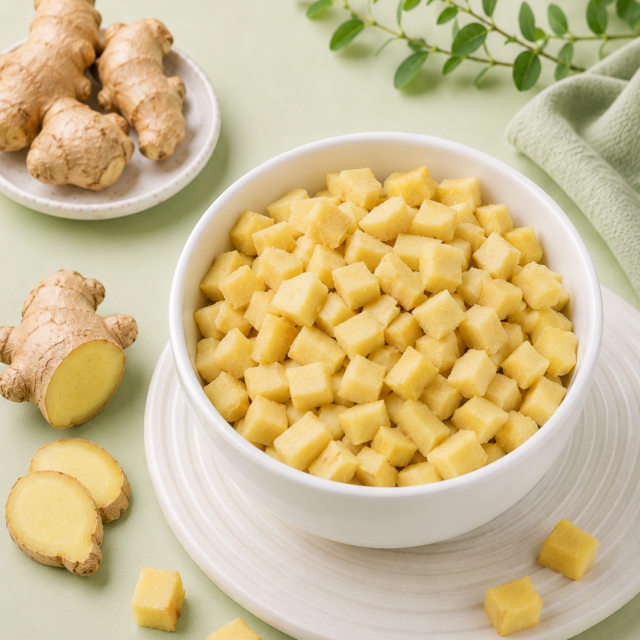 IQF Ginger — Sliced & Diced — placeholder artwork, product photography pending